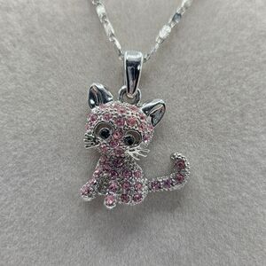 Silver-toned and Pink Rhinestone Cat Pendant Necklace